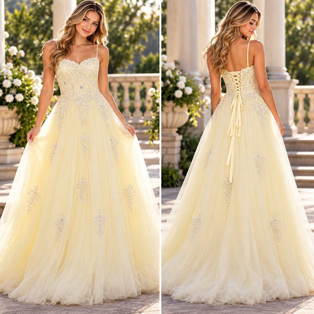Say Yes Juniors 11/12 Light Yellow Beaded Corset Back Ball Gown NWT